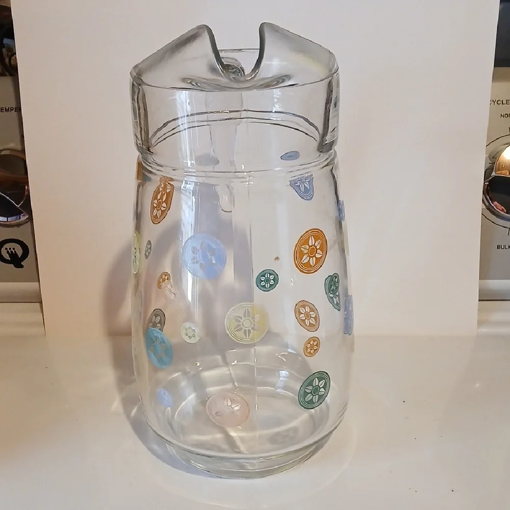 Vintage 80s Glass Pitcher with Colorful Floral Design